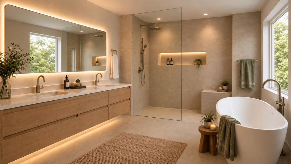 AI-sfeerbeeld aangeleverd door Asobi: warme badkamer met beige steen, een houten wastafelmeubel, glazen douchewand en vrijstaand bad